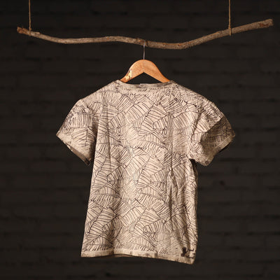 Beige - Brown - Bindaas Natural Dyed Art Block Print Round Neck T-shirt in Pure Cotton