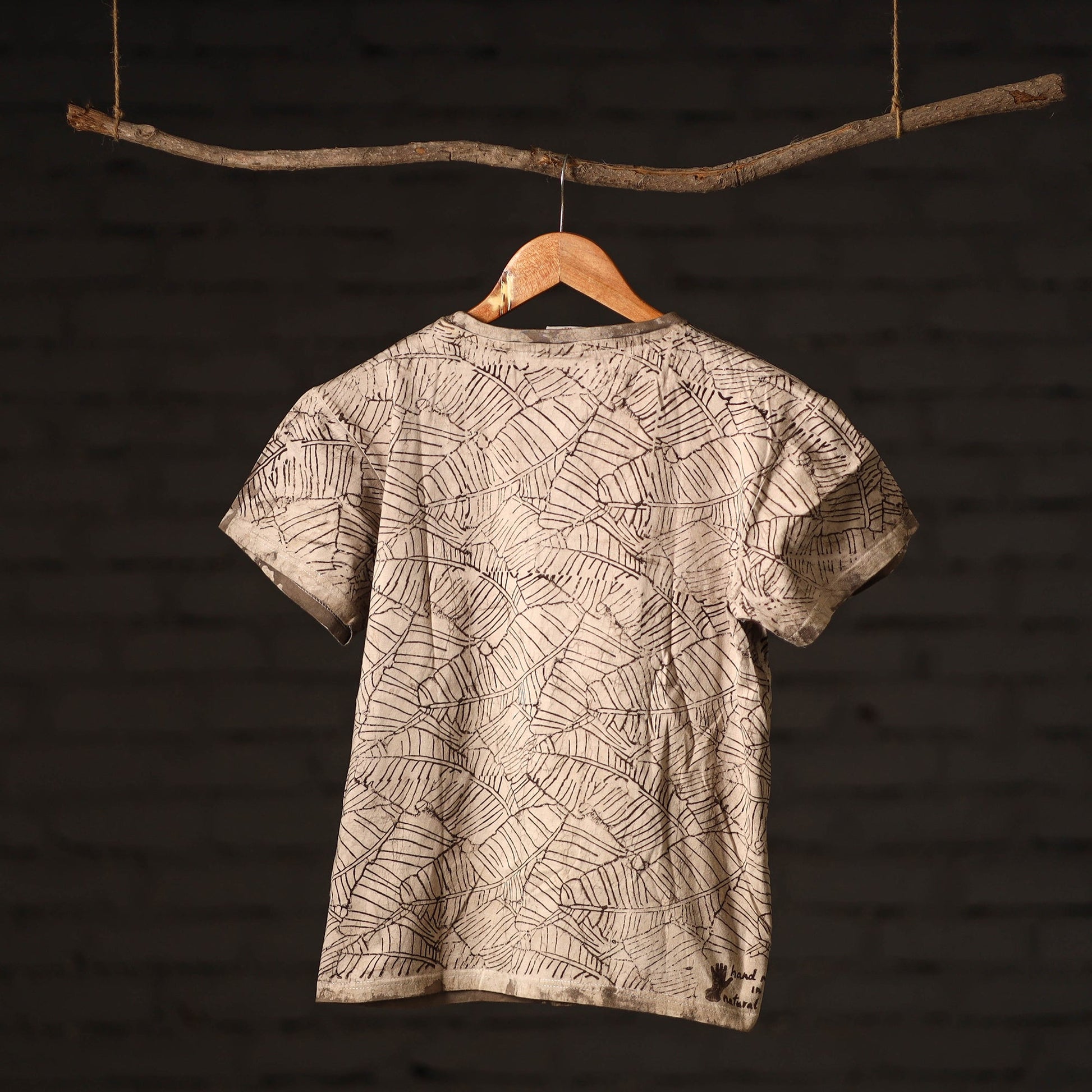 Beige - Brown - Bindaas Natural Dyed Art Block Print Round Neck T-shirt in Pure Cotton