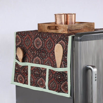 Brown - Ajrakh Block Printed Cotton Fridge Top Cover with Multiple Pockets
