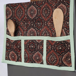 Brown - Ajrakh Block Printed Cotton Fridge Top Cover with Multiple Pockets