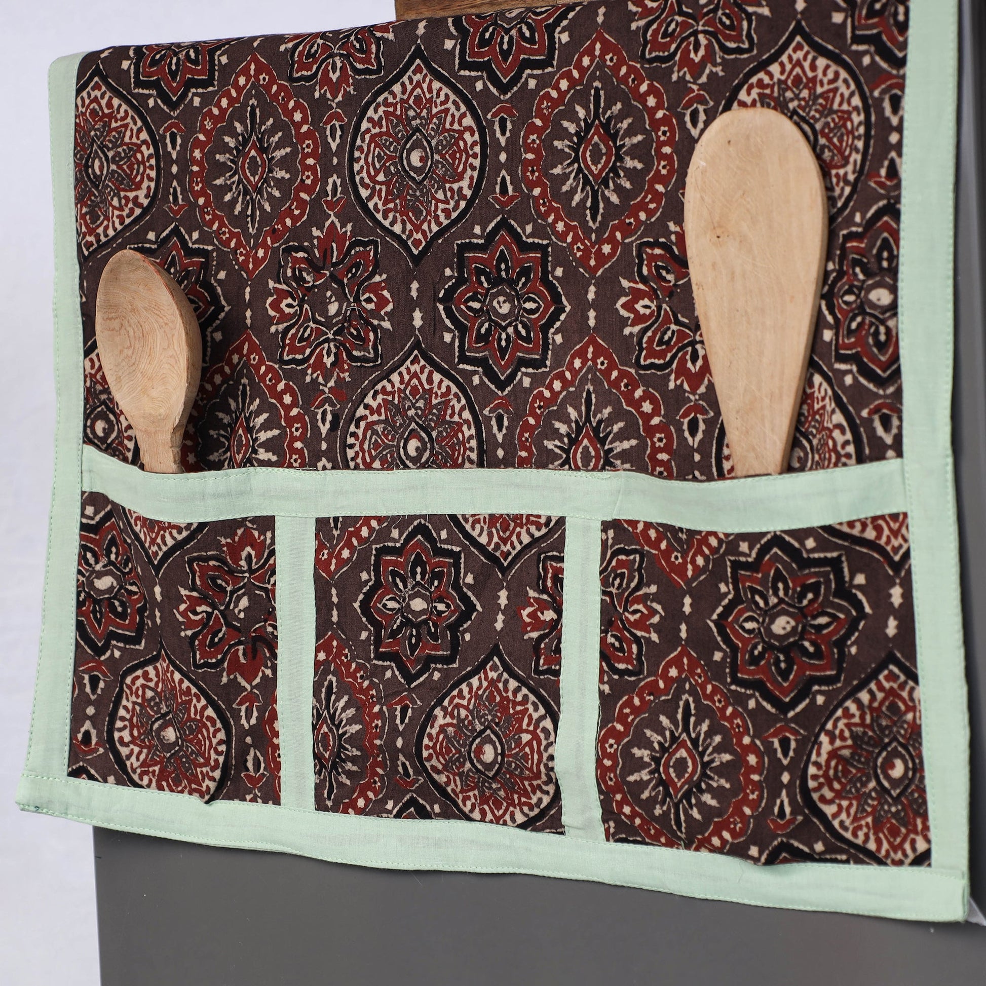 Brown - Ajrakh Block Printed Cotton Fridge Top Cover with Multiple Pockets