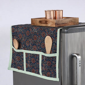 Blue - Ajrakh Block Printed Cotton Fridge Top Cover with Multiple Pockets
