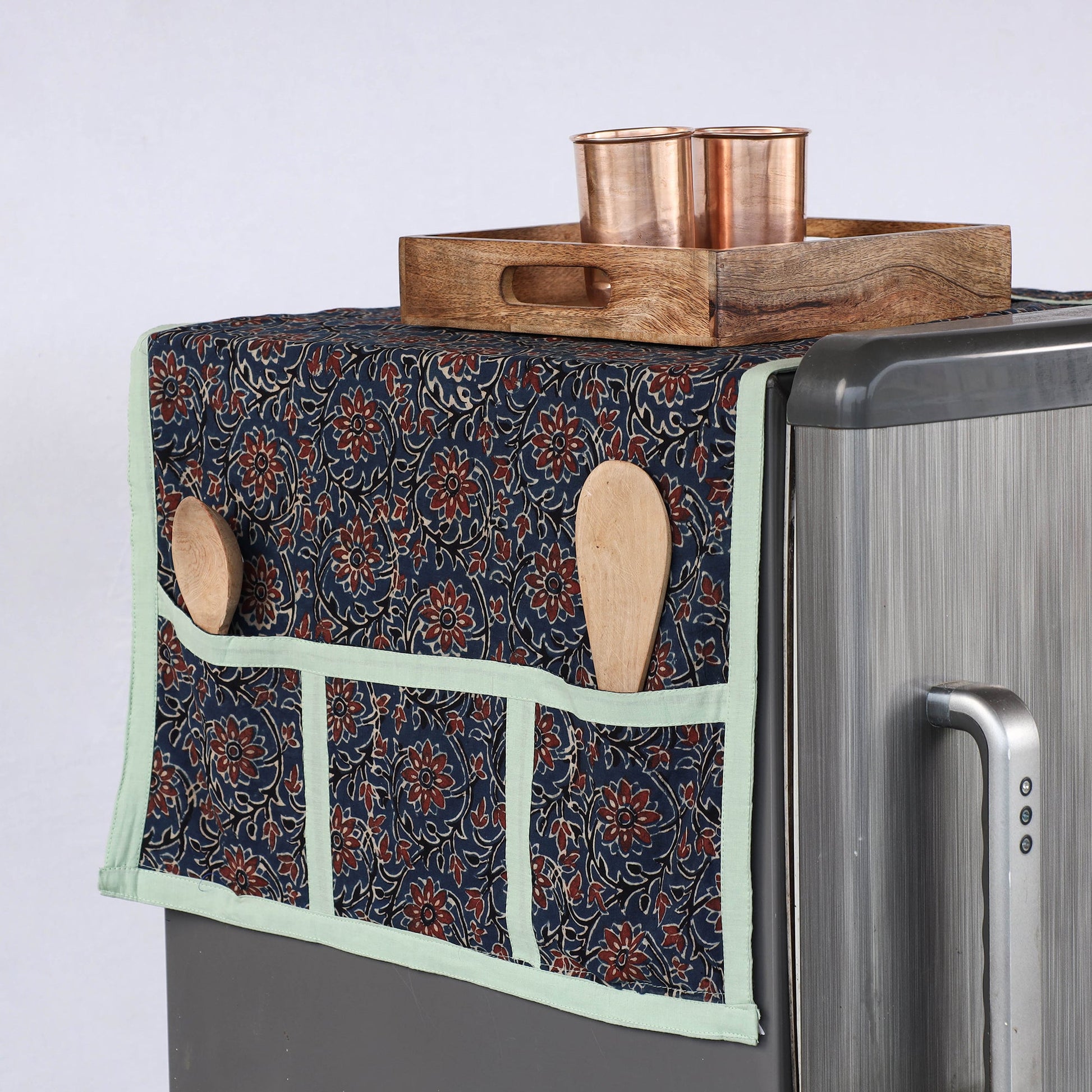 Blue - Ajrakh Block Printed Cotton Fridge Top Cover with Multiple Pockets