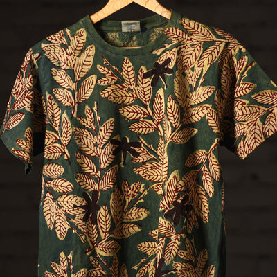 Green - Bindaas Block Art Prints Natural Dyed Cotton Unisex Round Neck T-shirt