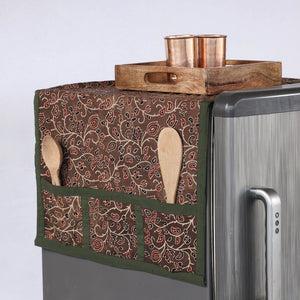 Brown - Ajrakh Block Printed Cotton Fridge Top Cover with Multiple Pockets