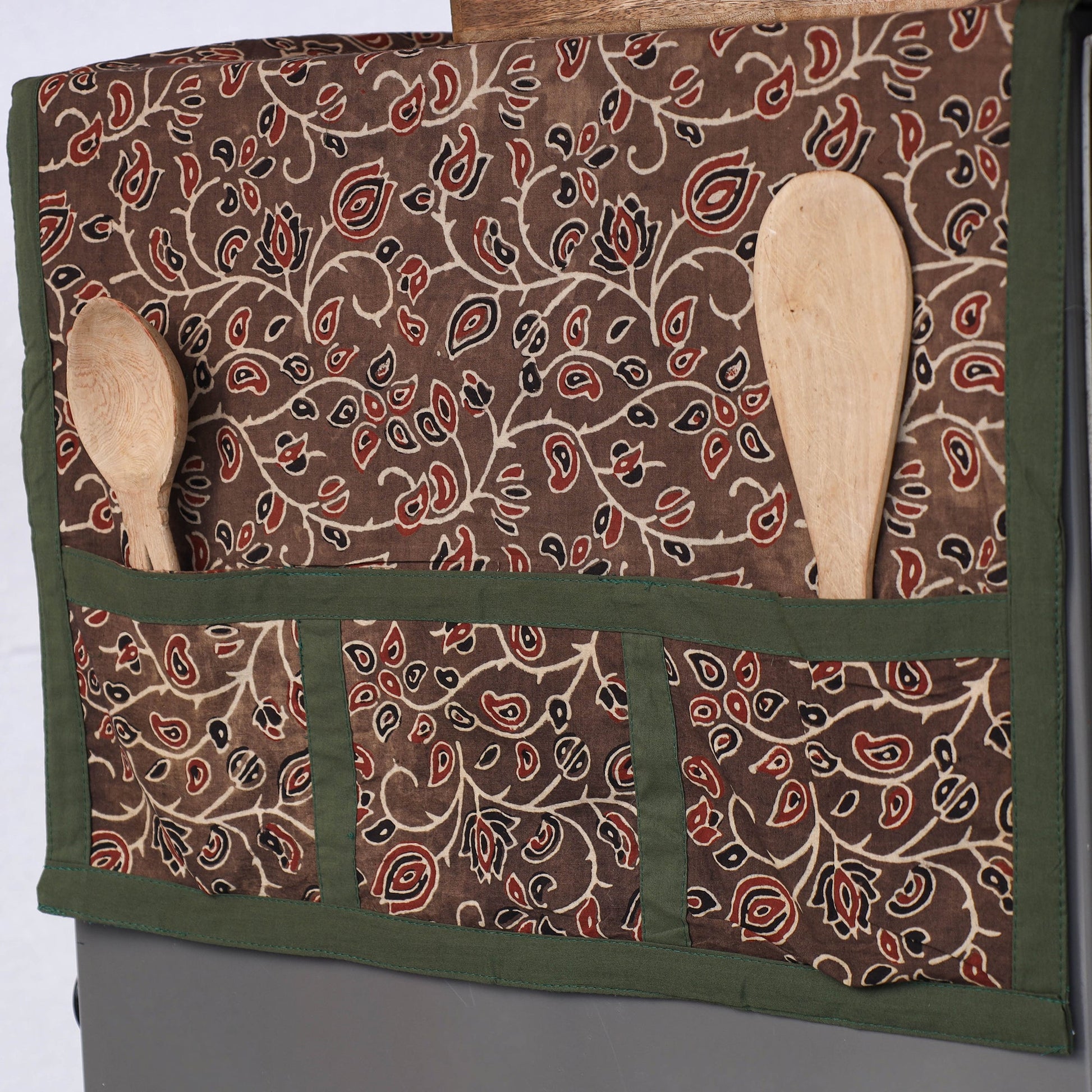 Brown - Ajrakh Block Printed Cotton Fridge Top Cover with Multiple Pockets