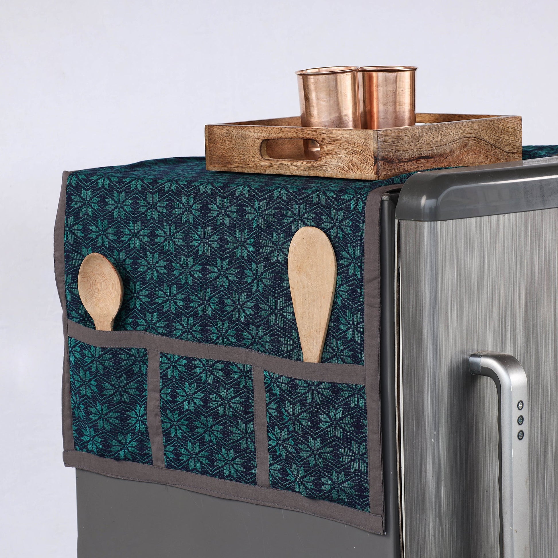 Block Printed Cotton Fridge Top Cover with Multiple Pockets