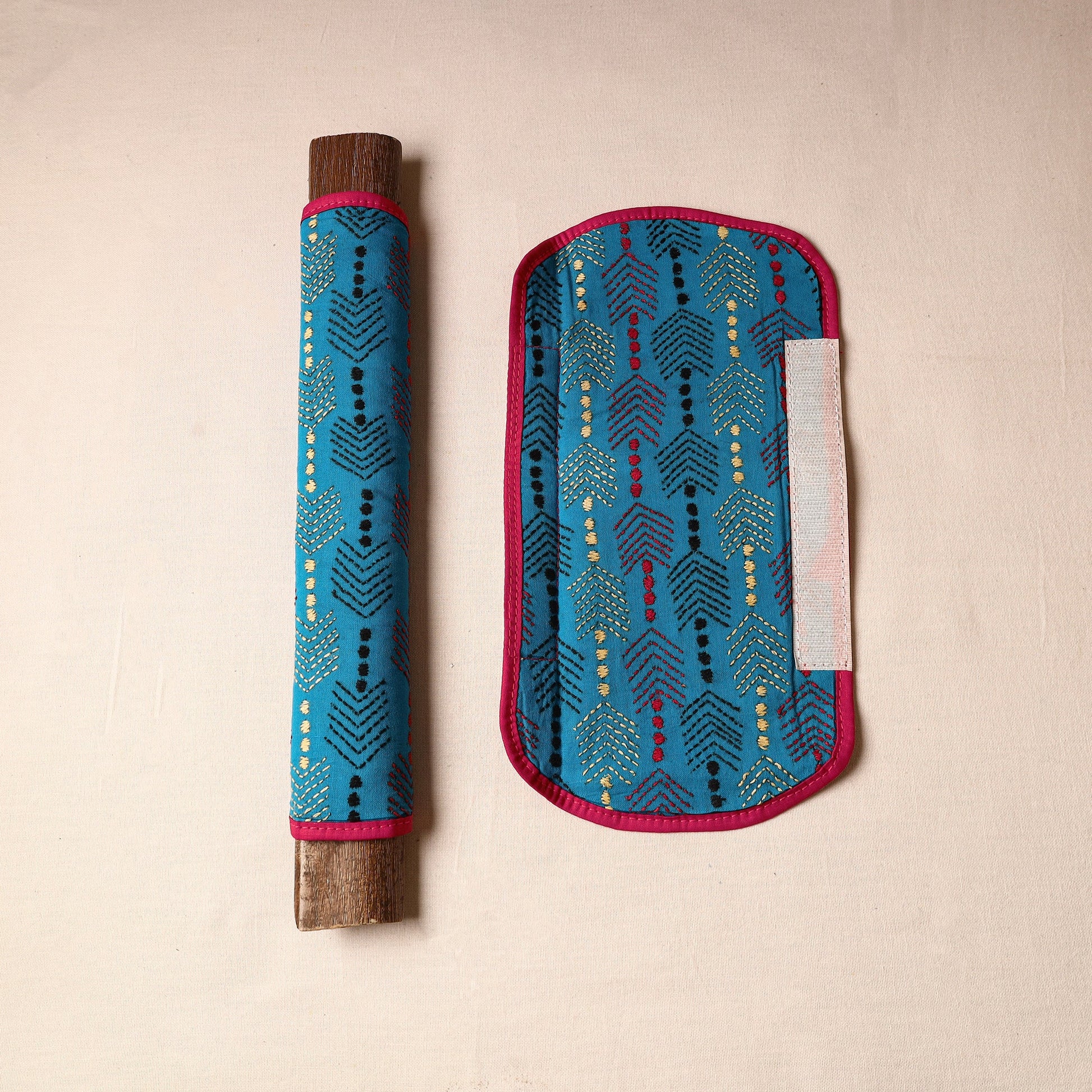 Blue - Bengal Kantha Work Handmade Fridge Handle Cover (Set of 2) 01