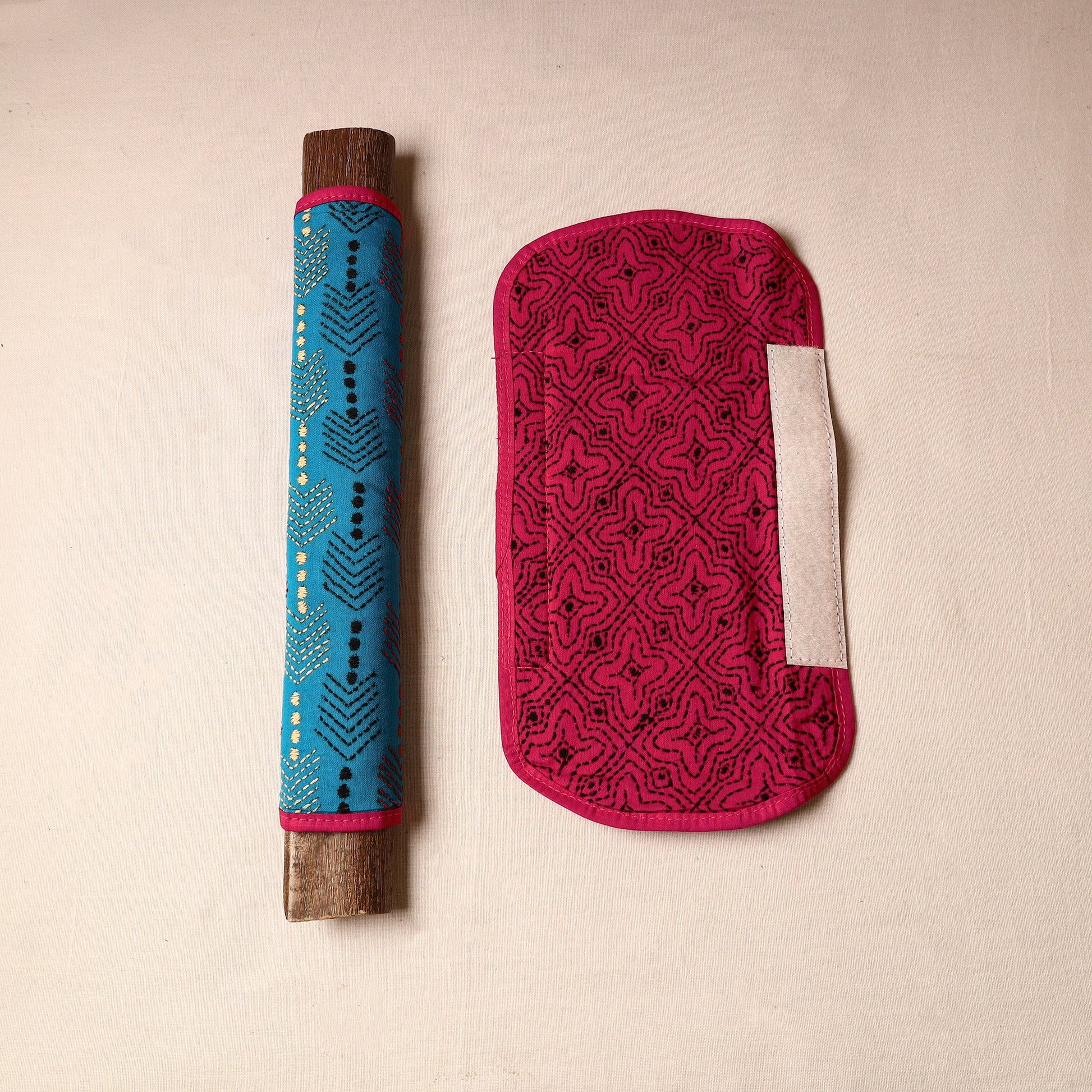 Blue - Bengal Kantha Work Handmade Fridge Handle Cover (Set of 2) 01