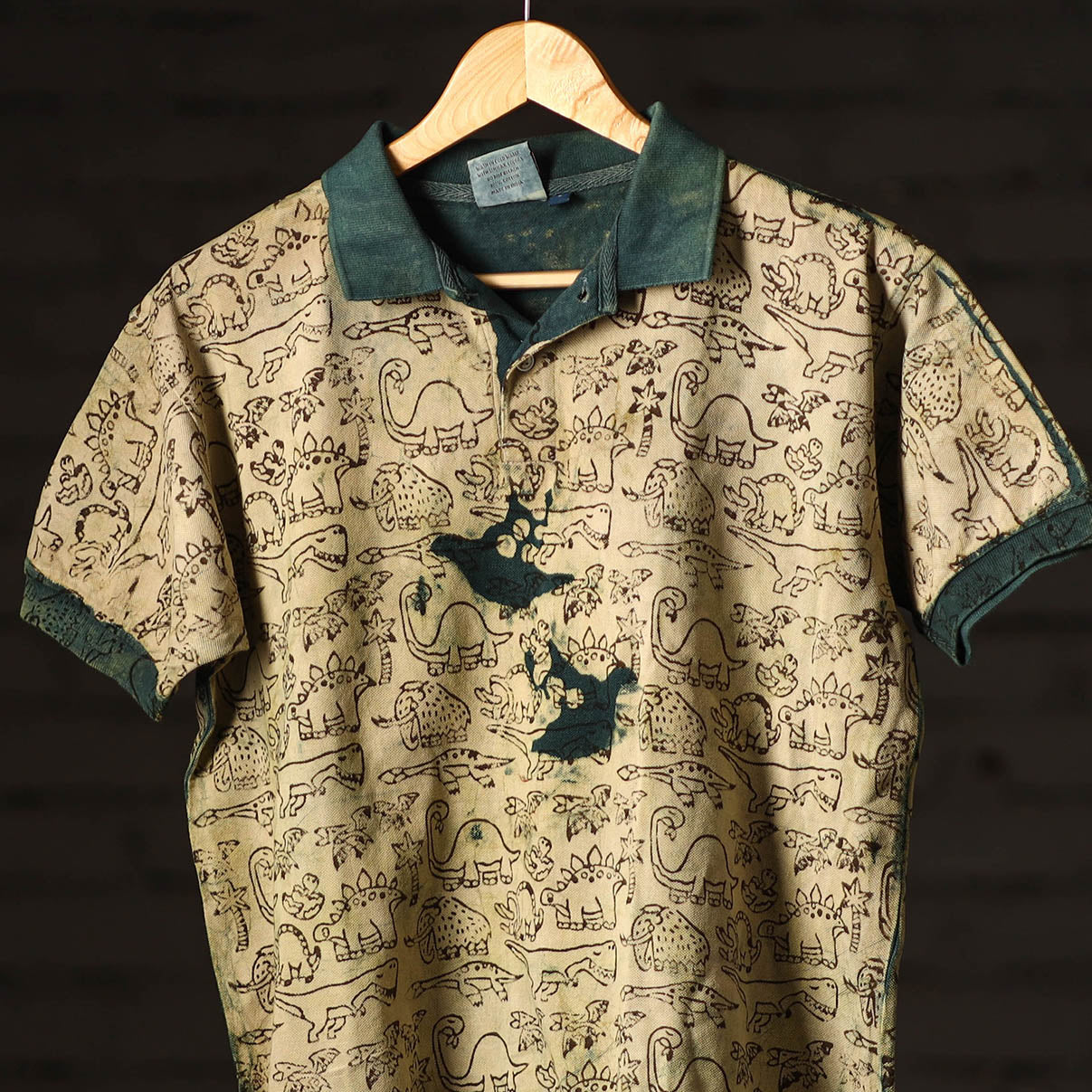 Beige - Bindaas Natural Dyed Art Block Print Polo Collar T-shirt in Pure Cotton