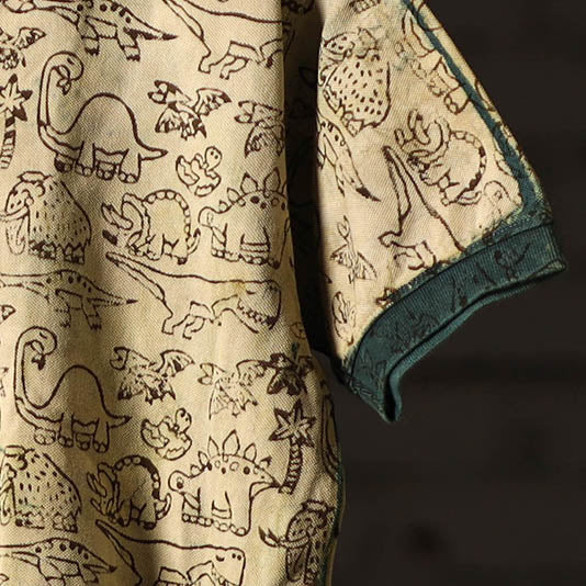 Beige - Bindaas Natural Dyed Art Block Print Polo Collar T-shirt in Pure Cotton