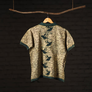Beige - Bindaas Natural Dyed Art Block Print Polo Collar T-shirt in Pure Cotton