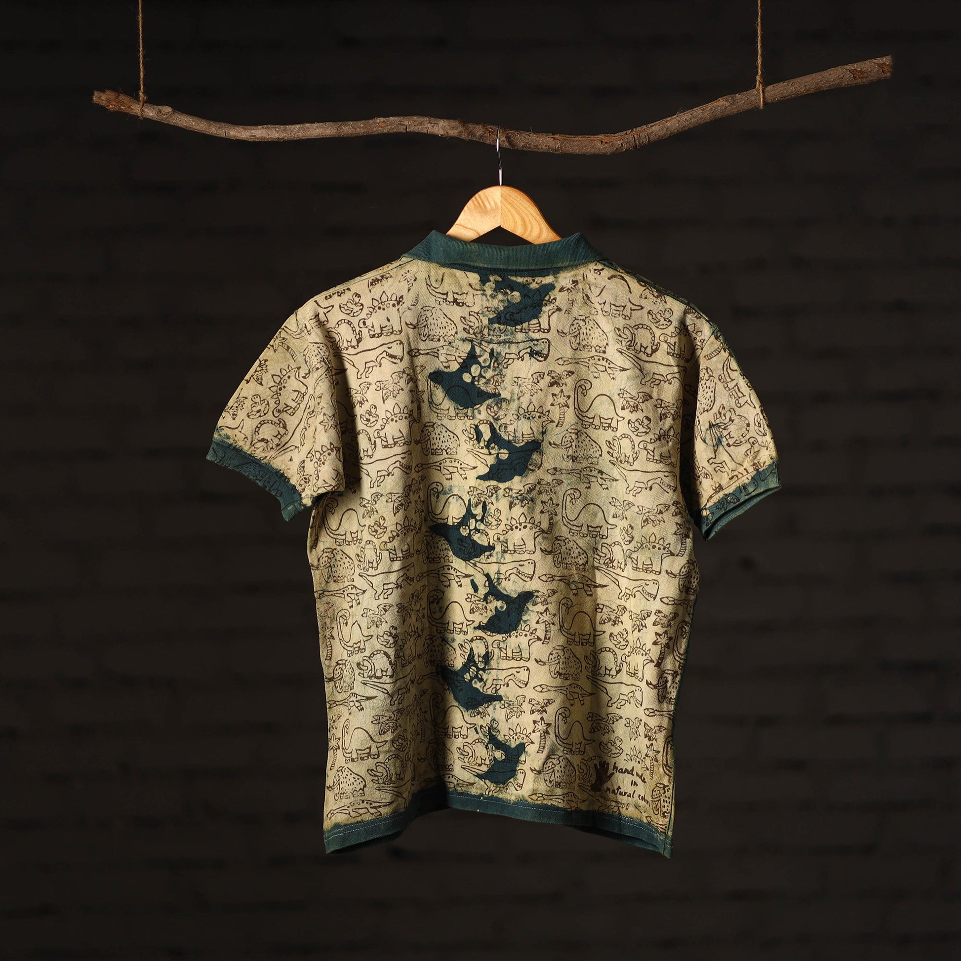 Beige - Bindaas Natural Dyed Art Block Print Polo Collar T-shirt in Pure Cotton