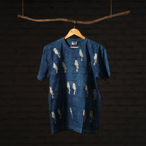 Blue - Bindaas Block Art Prints Natural Dyed Cotton Unisex Round Neck T-shirt