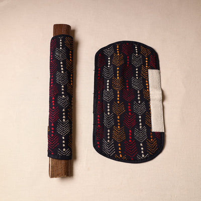 Black - Bengal Kantha Work Handmade Fridge Handle Cover (Set of 2) 13