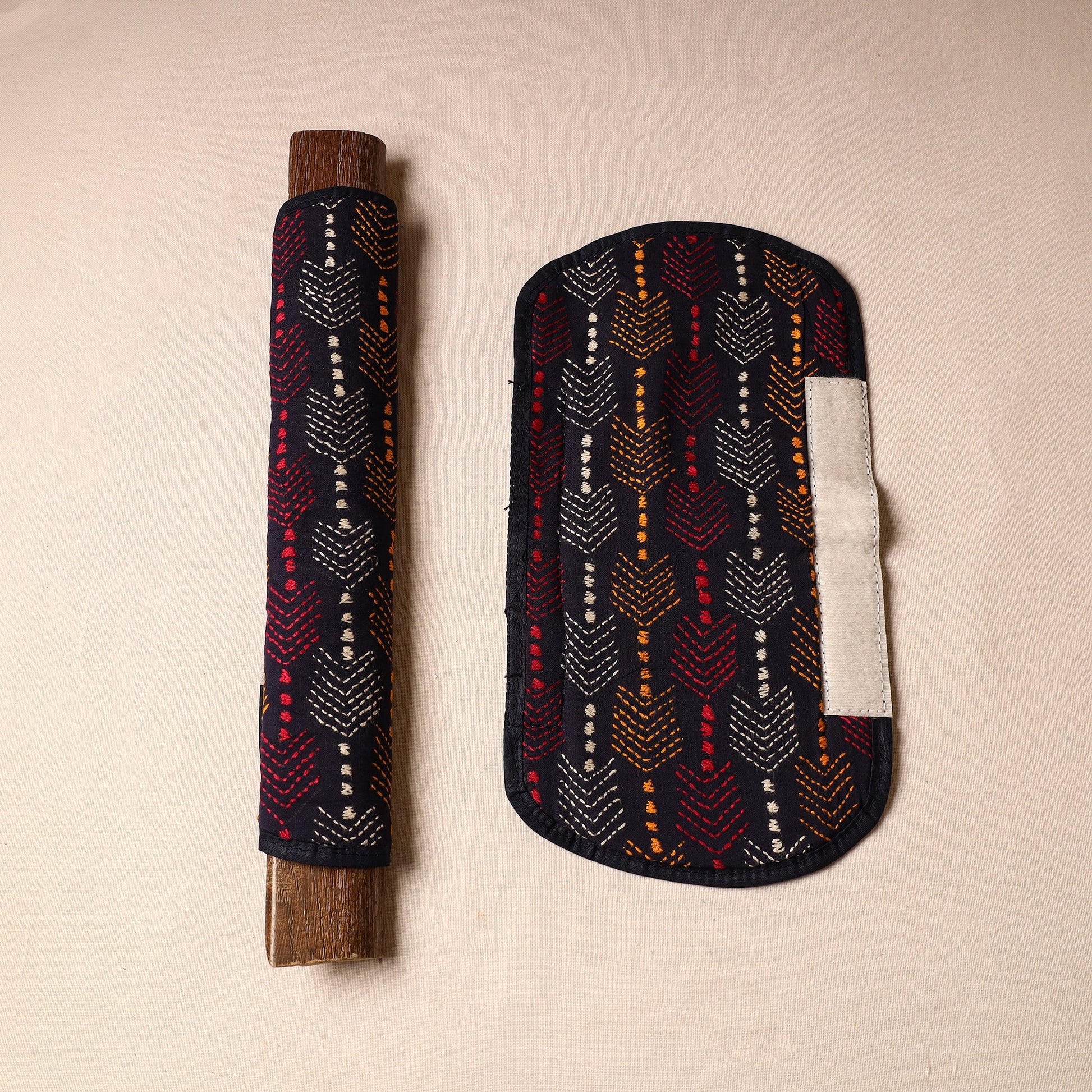 Black - Bengal Kantha Work Handmade Fridge Handle Cover (Set of 2) 13