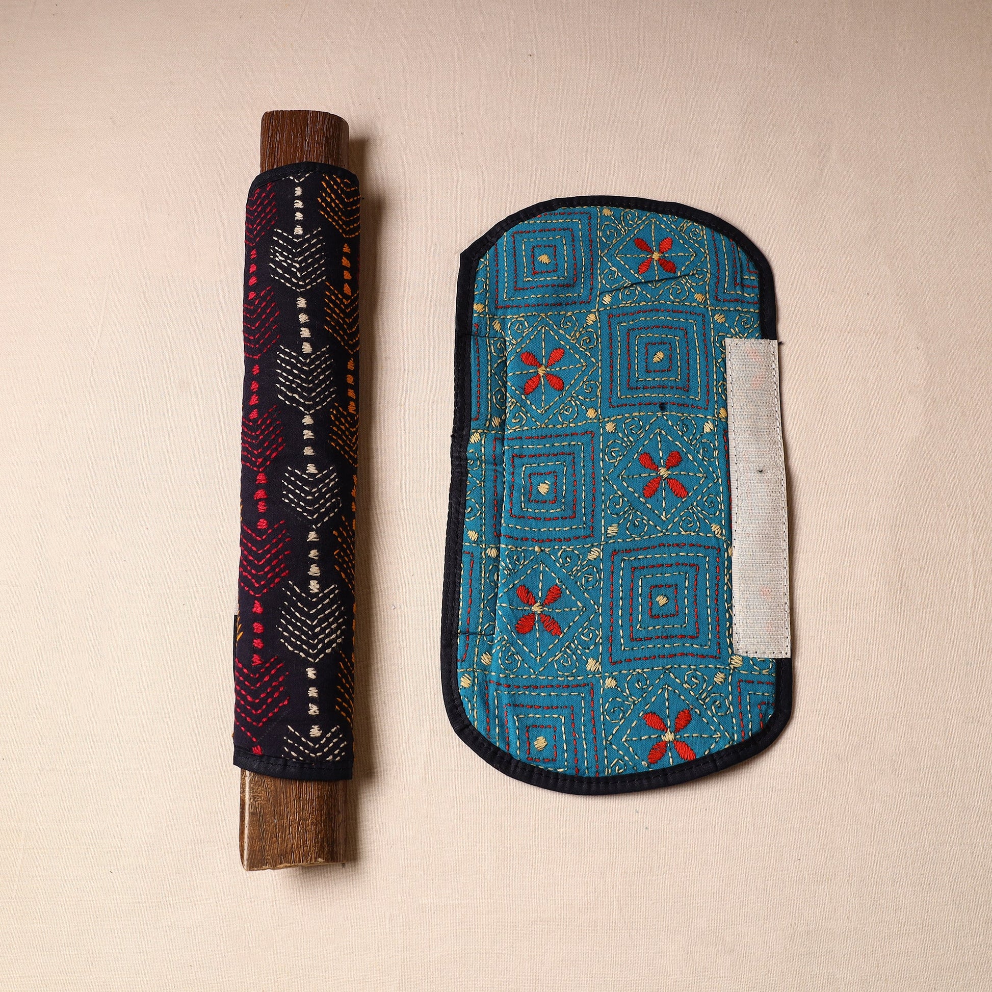Black - Bengal Kantha Work Handmade Fridge Handle Cover (Set of 2) 13