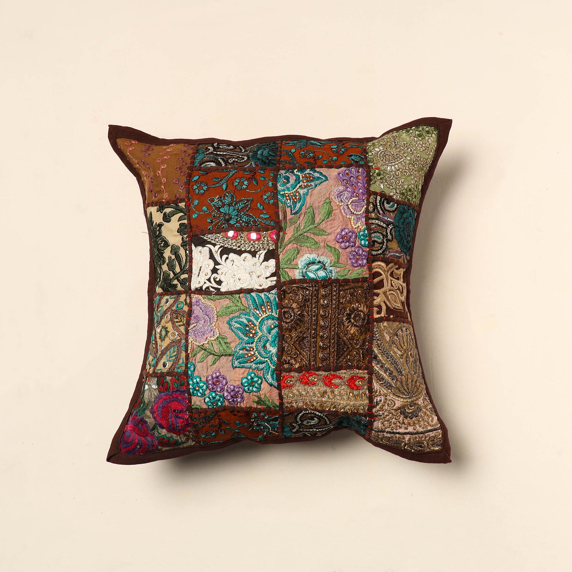 Brown - Elegant Khambadiya Patchwork Cushion Cover (16 x 16 in) 02