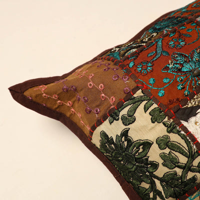 Brown - Elegant Khambadiya Patchwork Cushion Cover (16 x 16 in) 02