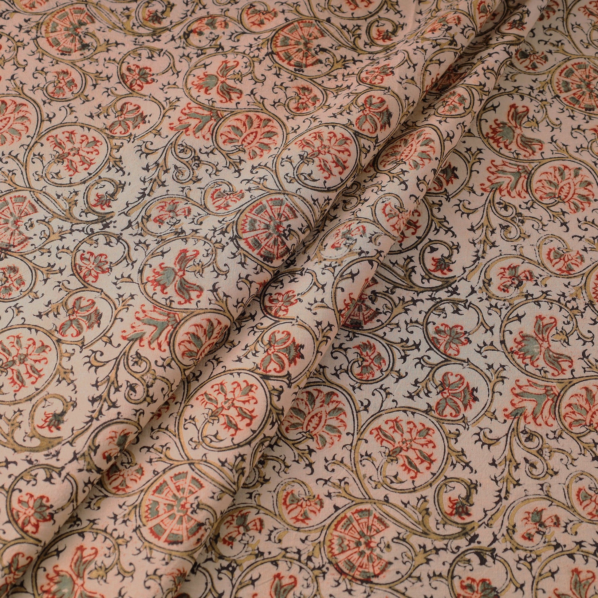 Beige - Pedana Kalamkari Block Printed Cotton Fabric