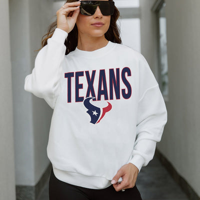 HOUSTON TEXANS JUST GO WITH IT PREMIUM FLEECE DROP SHOULDER CREWNECK PULLOVER