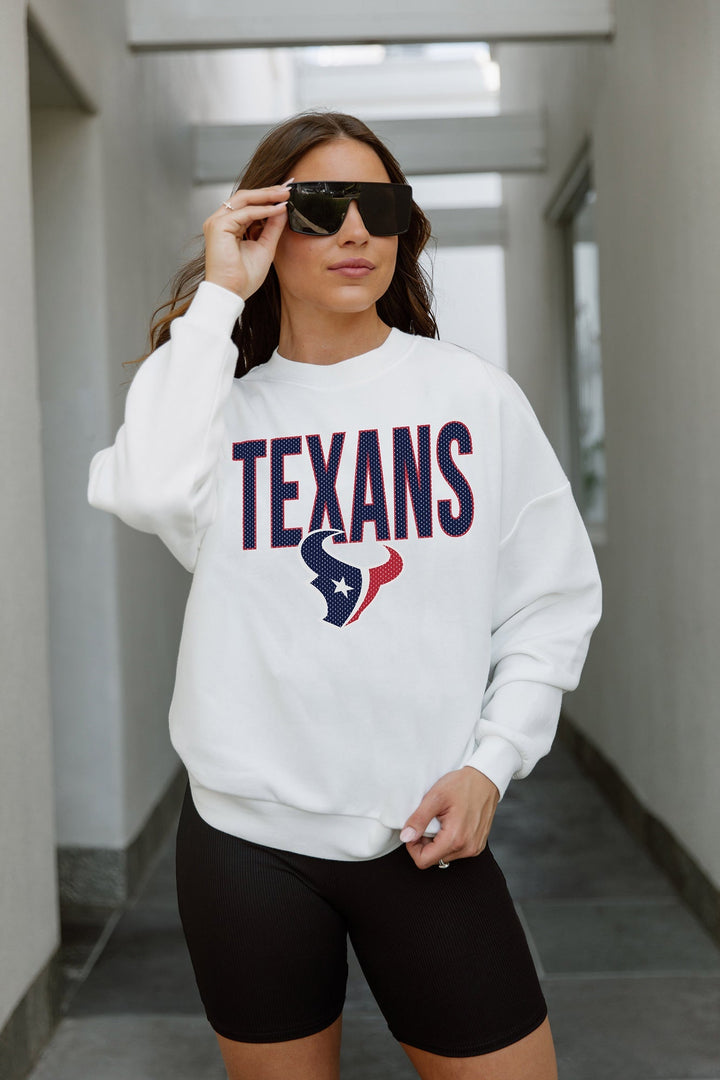 HOUSTON TEXANS JUST GO WITH IT PREMIUM FLEECE DROP SHOULDER CREWNECK PULLOVER