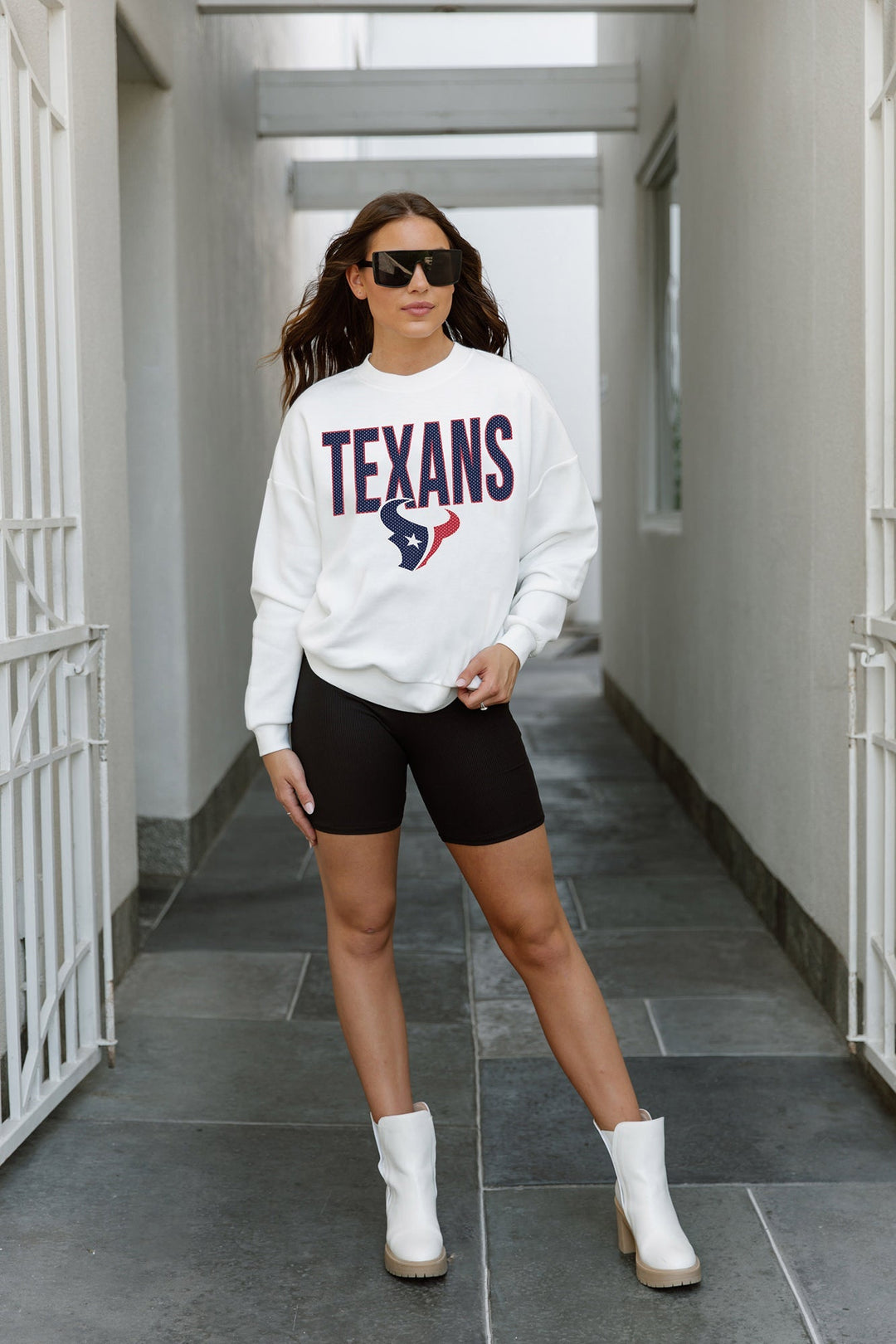 HOUSTON TEXANS JUST GO WITH IT PREMIUM FLEECE DROP SHOULDER CREWNECK PULLOVER