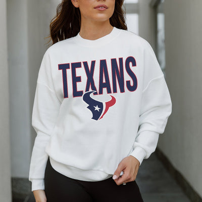 HOUSTON TEXANS JUST GO WITH IT PREMIUM FLEECE DROP SHOULDER CREWNECK PULLOVER