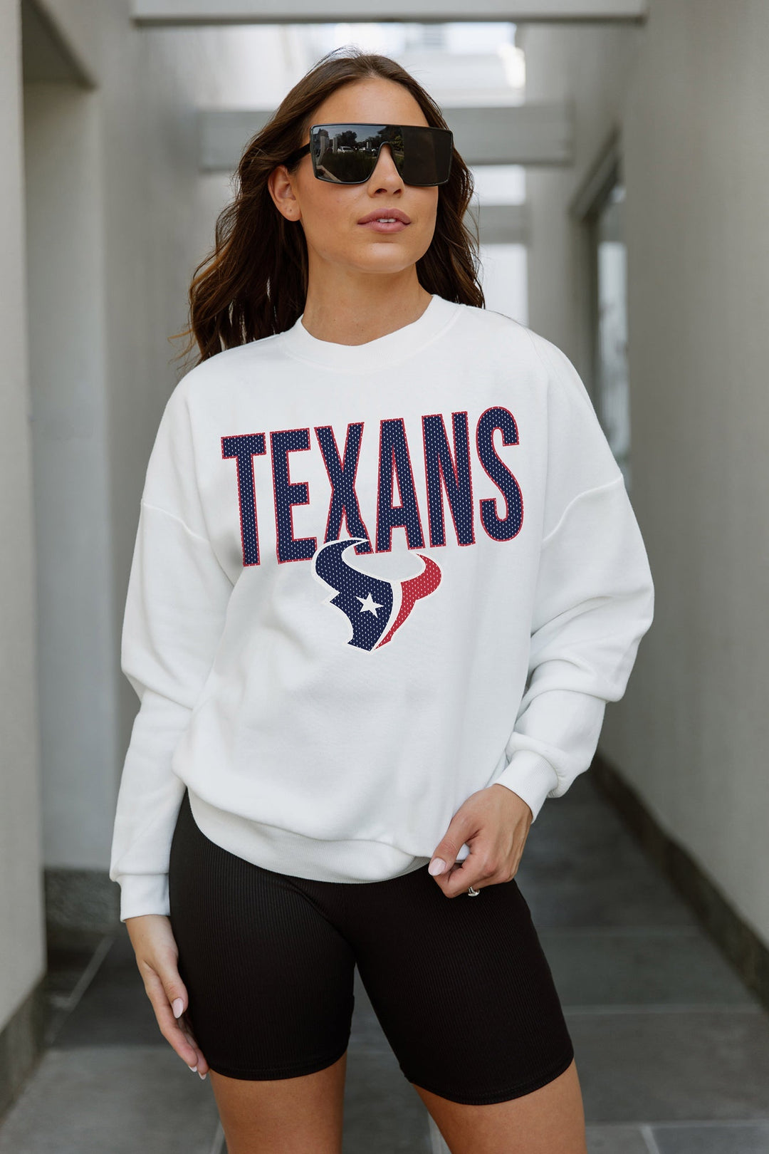 HOUSTON TEXANS JUST GO WITH IT PREMIUM FLEECE DROP SHOULDER CREWNECK PULLOVER