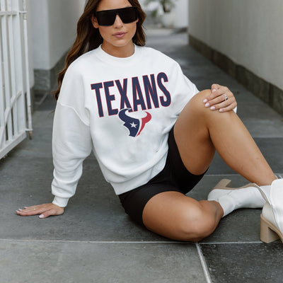 HOUSTON TEXANS JUST GO WITH IT PREMIUM FLEECE DROP SHOULDER CREWNECK PULLOVER