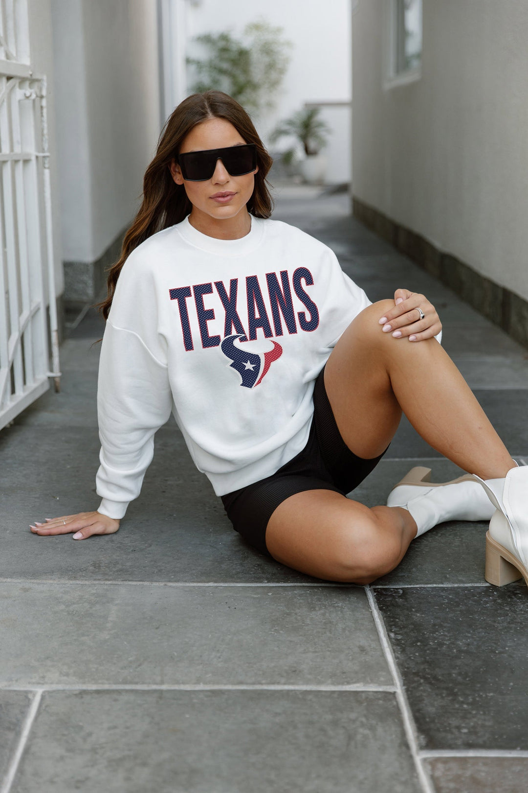 HOUSTON TEXANS JUST GO WITH IT PREMIUM FLEECE DROP SHOULDER CREWNECK PULLOVER