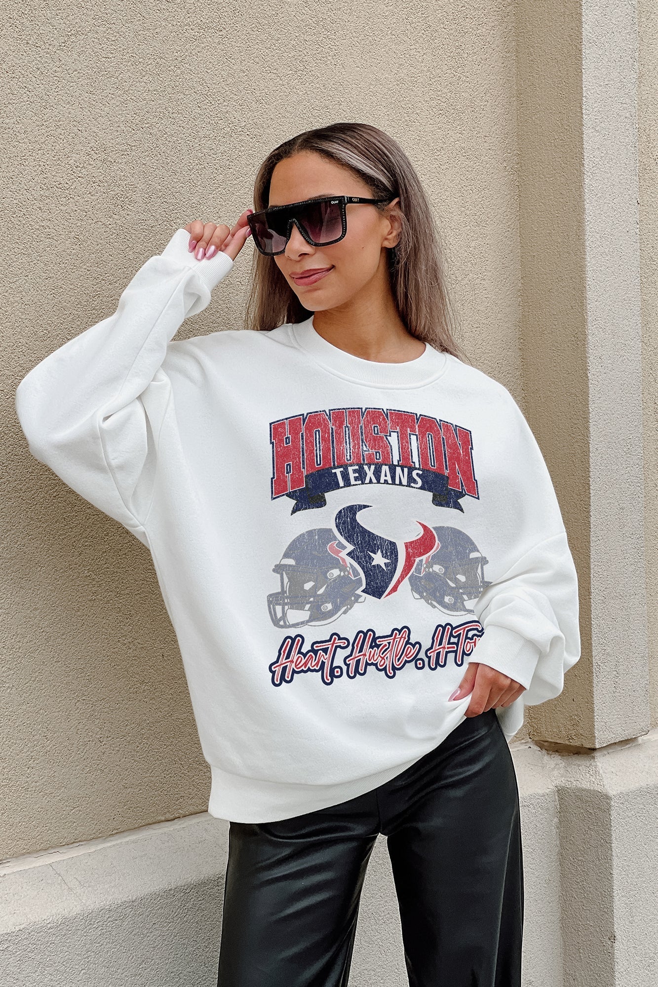 HOUSTON TEXANS PASSING TIME PREMIUM FLEECE DROP SHOULDER CREWNECK PULLOVER