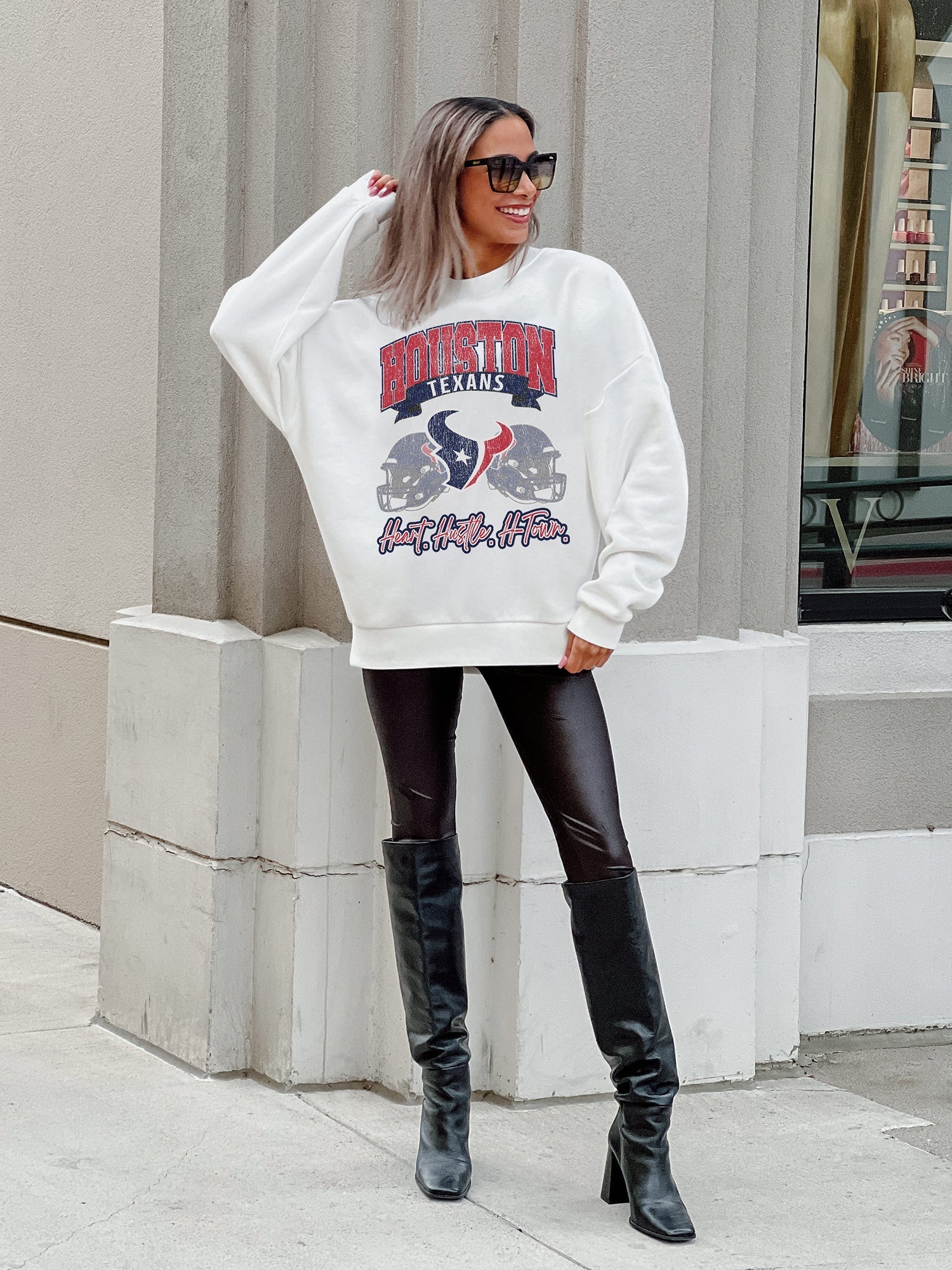 HOUSTON TEXANS PASSING TIME PREMIUM FLEECE DROP SHOULDER CREWNECK PULLOVER