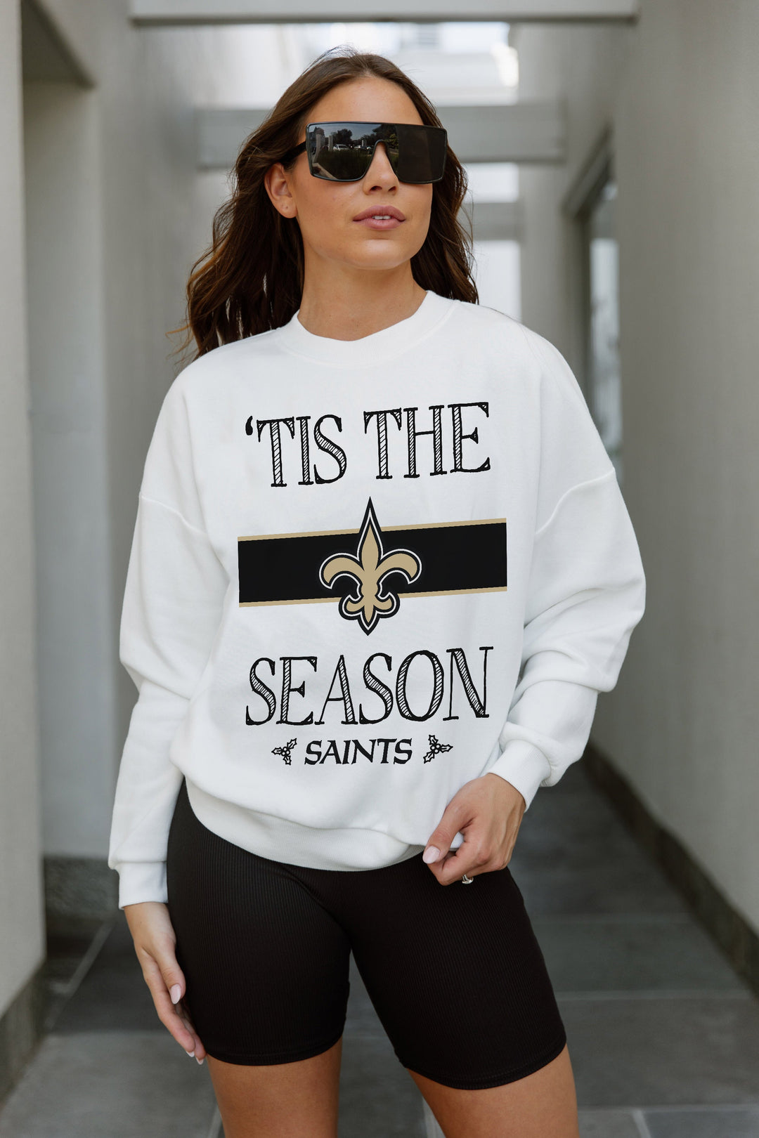 NEW ORLEANS SAINTS TOUCHDOWN TIDINGS DROP SHOULDER CREWNECK SWEATSHIRT