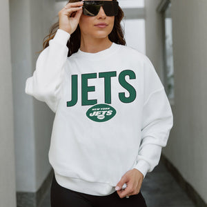 NEW YORK JETS JUST GO WITH IT PREMIUM FLEECE DROP SHOULDER CREWNECK PULLOVER