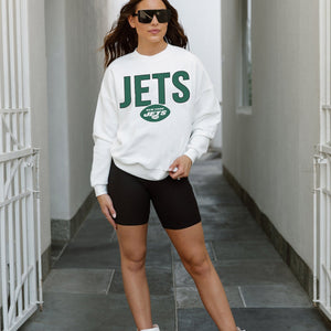 NEW YORK JETS JUST GO WITH IT PREMIUM FLEECE DROP SHOULDER CREWNECK PULLOVER