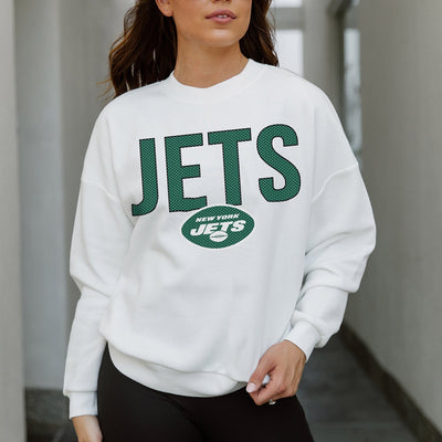NEW YORK JETS JUST GO WITH IT PREMIUM FLEECE DROP SHOULDER CREWNECK PULLOVER