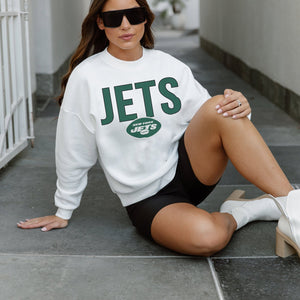 NEW YORK JETS JUST GO WITH IT PREMIUM FLEECE DROP SHOULDER CREWNECK PULLOVER