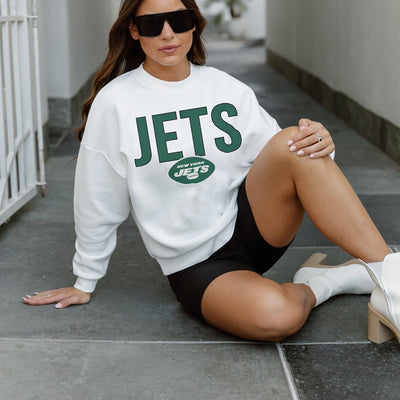NEW YORK JETS JUST GO WITH IT PREMIUM FLEECE DROP SHOULDER CREWNECK PULLOVER