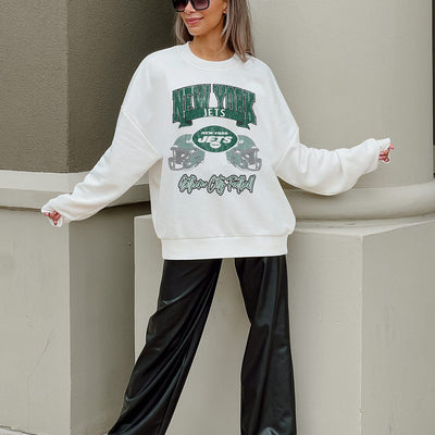 NEW YORK JETS PASSING TIME PREMIUM FLEECE DROP SHOULDER CREWNECK PULLOVER