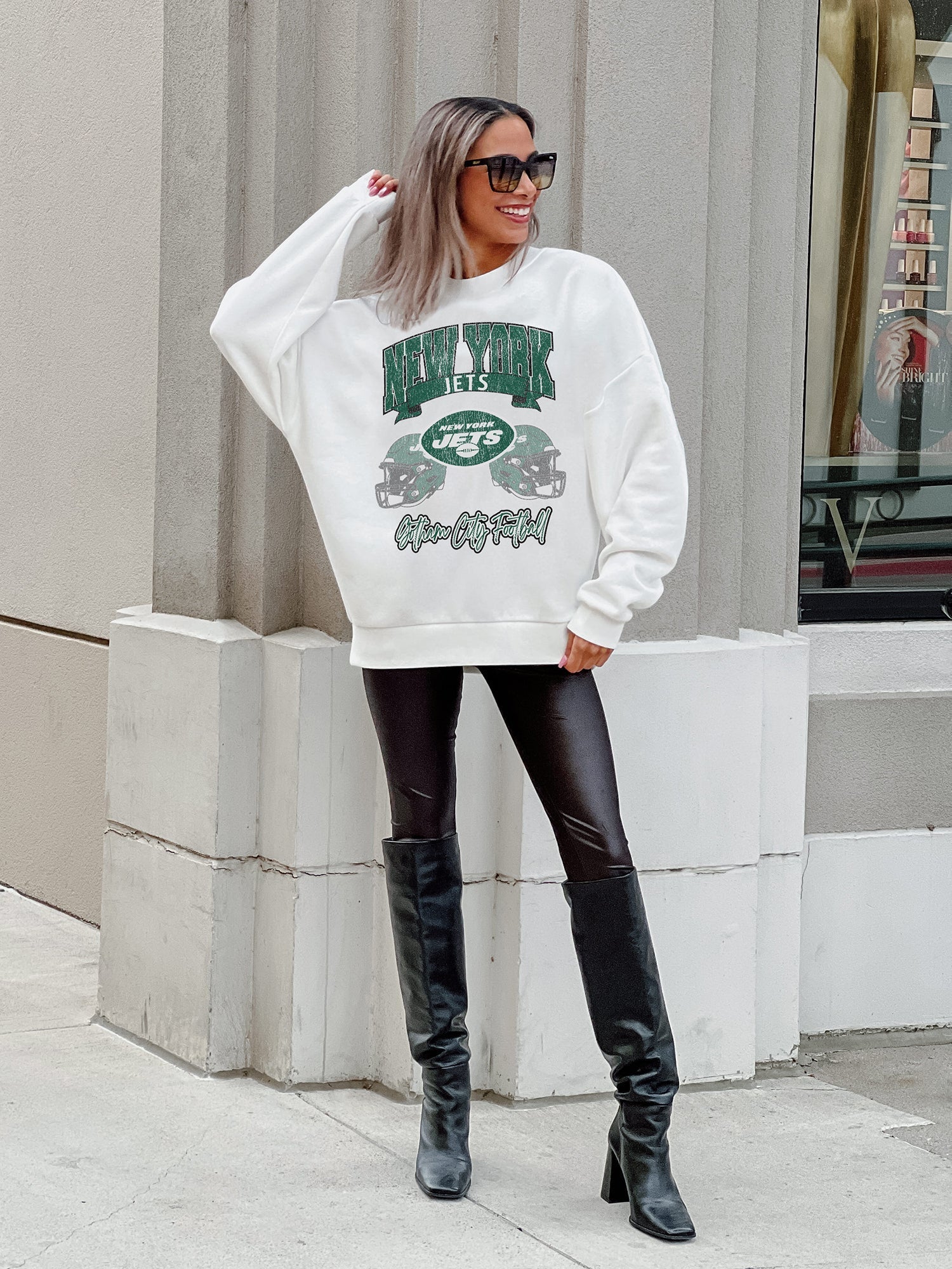 NEW YORK JETS PASSING TIME PREMIUM FLEECE DROP SHOULDER CREWNECK PULLOVER