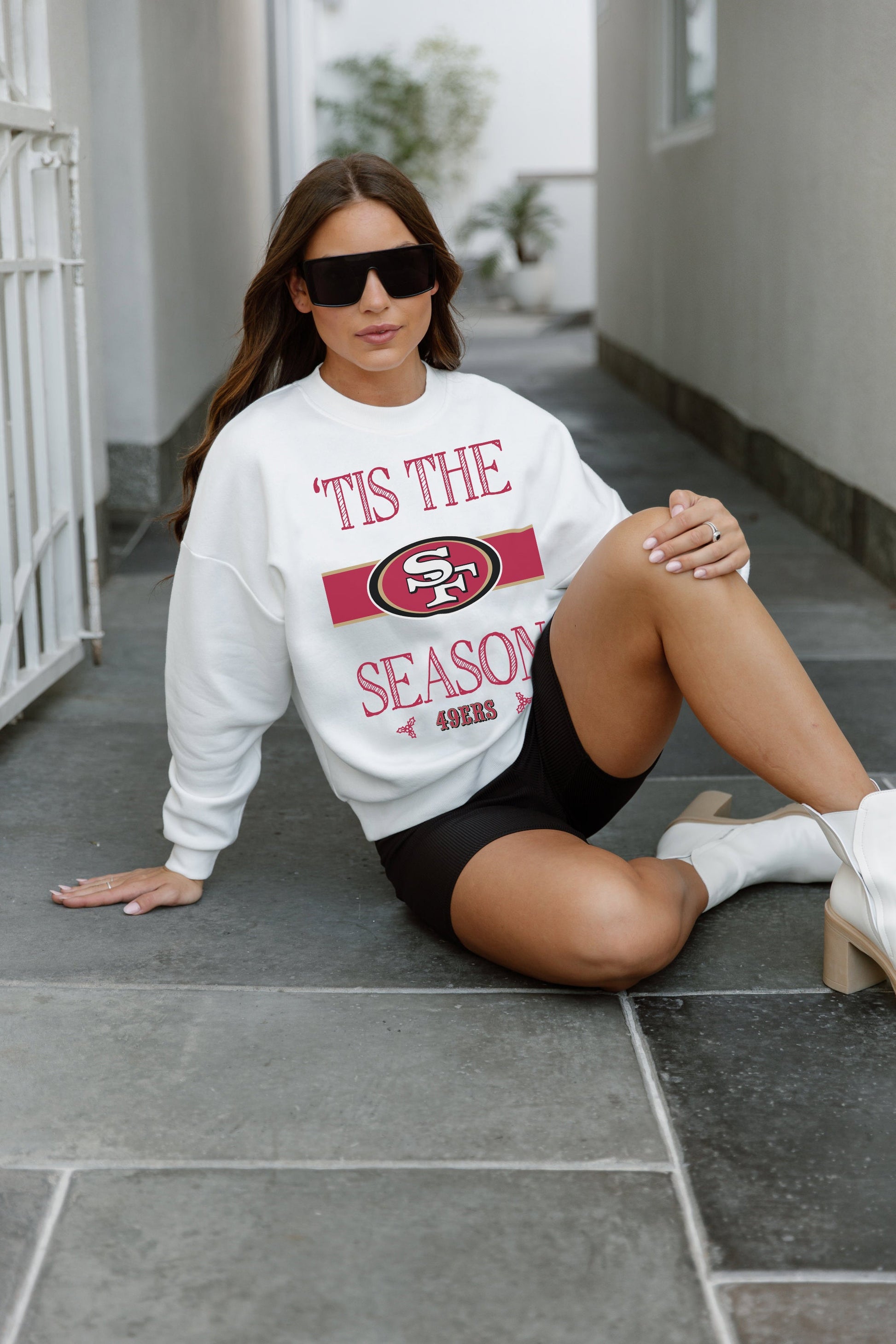 SAN FRANCISCO 49ERS TOUCHDOWN TIDINGS DROP SHOULDER CREWNECK SWEATSHIRT
