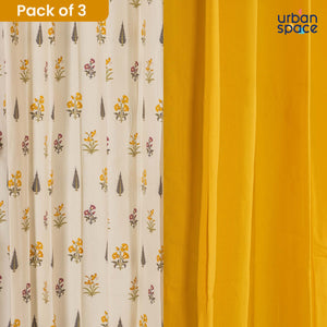 Cotton Curtains Combo, Set of 3 curtains, 60-65% Room Darkening Curtain - High Garden & Aura Yellow