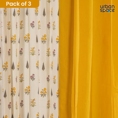Cotton Curtains Combo, Set of 3 curtains, 60-65% Room Darkening Curtain - High Garden & Aura Yellow