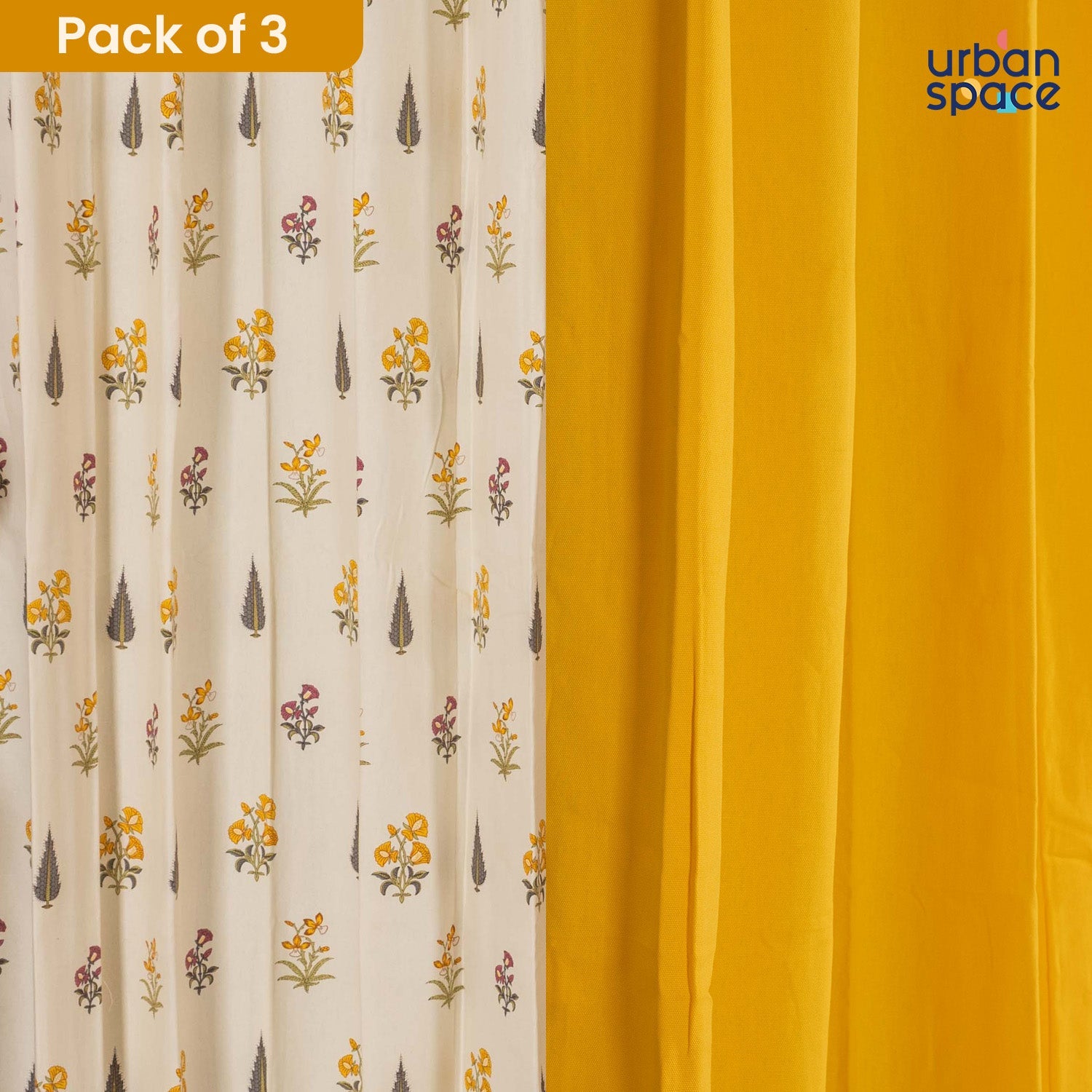 Cotton Curtains Combo, Set of 3 curtains, 60-65% Room Darkening Curtain - High Garden & Aura Yellow