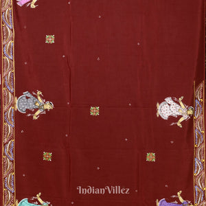 Red Mathura Vijay Theme Hand-Painted Pattachitra Saree