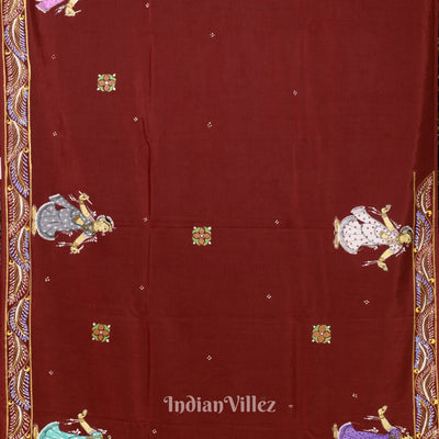 Red Mathura Vijay Theme Hand-Painted Pattachitra Saree