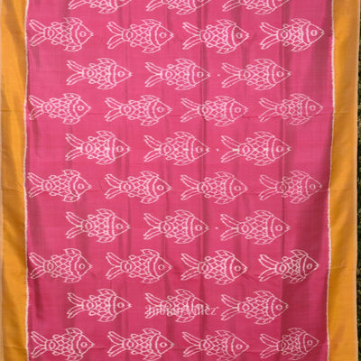 Baby Pink Yellow Fish Motif Odisha Ikat Contemporary Designer Saree