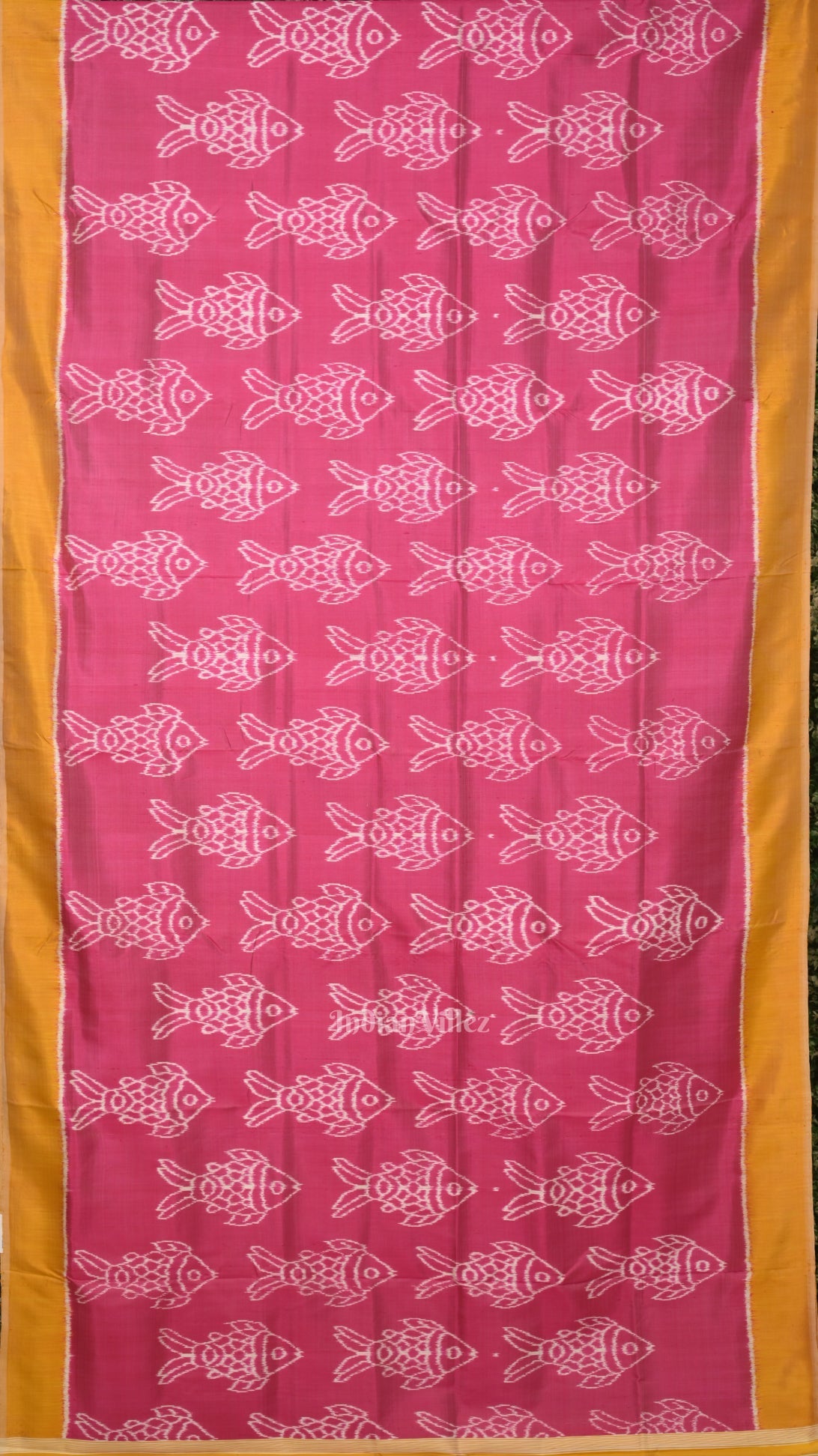 Baby Pink Yellow Fish Motif Odisha Ikat Contemporary Designer Saree