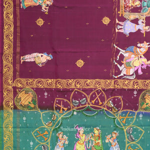 Magenta Pink Green Ram Sita Vivah Theme Pattachitra Saree